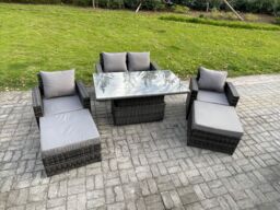 Fimous Wicker Rattan Garden Furniture Rising Table Set with 2 Big Footstool Double Seat Sofa Armchairs Dark Grey Mixed - thumbnail 2