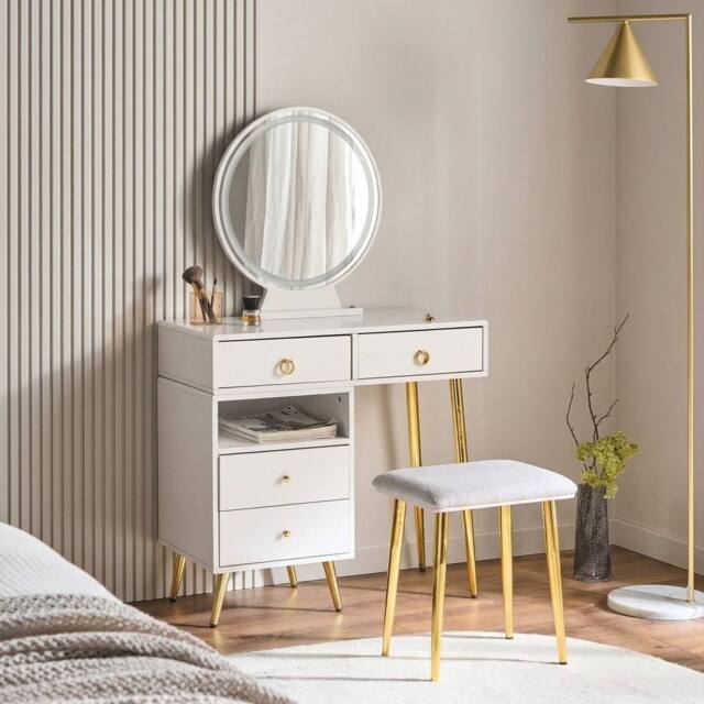 Wyld and Coco Glam Design Dressing Table White with Gold LED Mirror and 6 Drawers - image 1