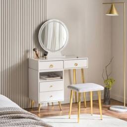 Wyld and Coco Glam Design Dressing Table White with Gold LED Mirror and 6 Drawers