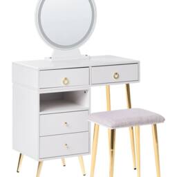 Wyld and Coco Glam Design Dressing Table White with Gold LED Mirror and 6 Drawers - thumbnail 2