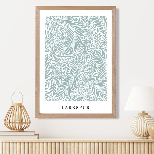 ARTZE Vintage William Morris Larkspur in Mint & White Art Print / Oak Frame / SIZE: A4 - image 1