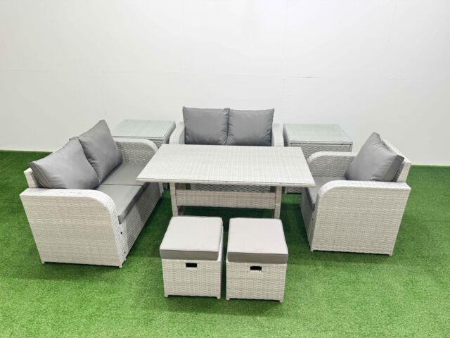 Fimous High Back Poly Rattan Garden Furniture Set w/ Reclining Chair Loveseat Sofa Rectangular Dining Table Indoor Outdoor Patio Set 2 Stool 2 Side - image 1