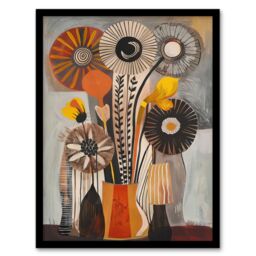 "Artery8 Abstract Folk Art Autumn Flower Bouquet in Vase Framed Art Print in Grey - Size: W12"" x H16""" - thumbnail 1