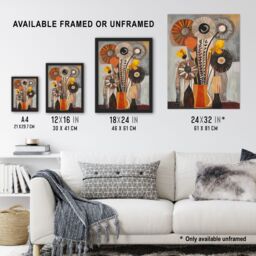 "Artery8 Abstract Folk Art Autumn Flower Bouquet in Vase Framed Art Print in Grey - Size: W12"" x H16""" - thumbnail 3