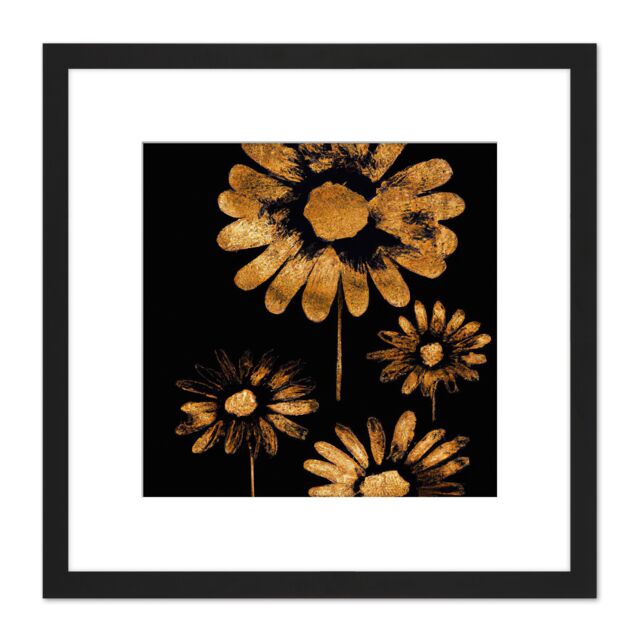 Artery8 Bronze Daisy Daisies Flowers on Black Metallic Effect Foil Style Black Painting Square Wooden Framed Wall Art Print Picture 8X8 Inch - image 1