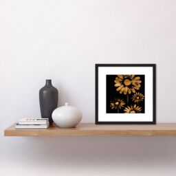 Artery8 Bronze Daisy Daisies Flowers on Black Metallic Effect Foil Style Black Painting Square Wooden Framed Wall Art Print Picture 8X8 Inch - thumbnail 2