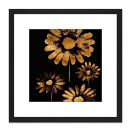 Artery8 Bronze Daisy Daisies Flowers on Black Metallic Effect Foil Style Black Painting Square Wooden Framed Wall Art Print Picture 8X8 Inch - thumbnail 1