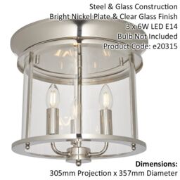 Loops Bright Nickel Semi Flush Low Ceiling Light & Clear Glass Shade 3 Bulb Fitting in Metallics - thumbnail 2