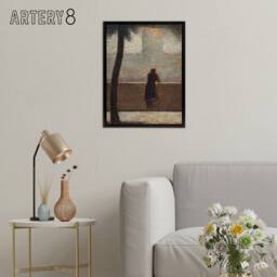 "Artery8 Man Leaning on a Parapet Seurat Vintage Black Framed Canvas Wall Art in Grey - Size: W12"" x H16""" - thumbnail 3