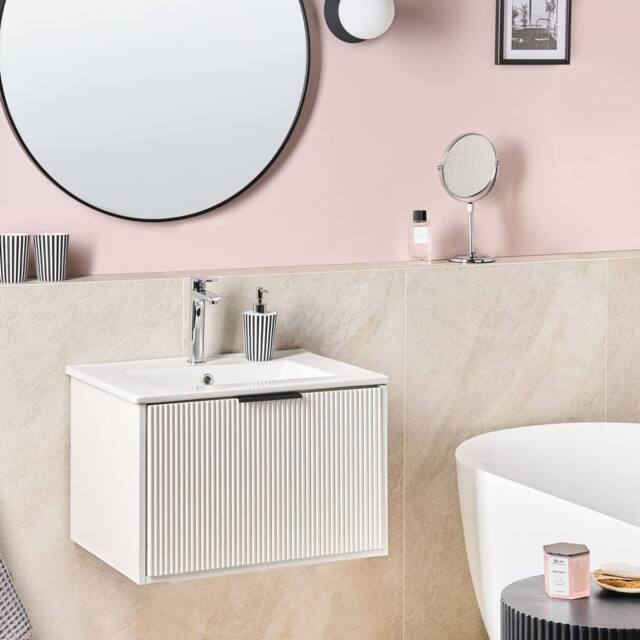 Wyld and Coco 60cm Wall-Mounted Vanity Unit with Ceramic Basin and Black Handle in White - image 1