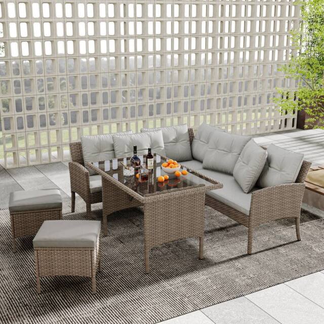 HomeTouch 7 Seater Rattan Garden Furniture Sofa Set with Cushions & Stools in Brown - Size: 1 Pack - image 1
