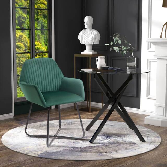 HOMCOM Round Glass Dining Table & Velvet Chair Set Kitchen Furniture 2pc Gre in Green - Size: 80 cm x 80 cm - image 1