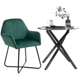 HOMCOM Round Glass Dining Table & Velvet Chair Set Kitchen Furniture 2pc Gre in Green - Size: 80 cm x 80 cm - thumbnail 2