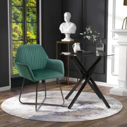 HOMCOM Round Glass Dining Table & Velvet Chair Set Kitchen Furniture 2pc Gre in Green - Size: 80 cm x 80 cm