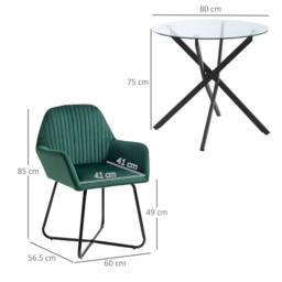 HOMCOM Round Glass Dining Table & Velvet Chair Set Kitchen Furniture 2pc Gre in Green - Size: 80 cm x 80 cm - thumbnail 3