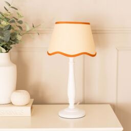 ValueLights Victoria White Wood Candlestick Table Lamp with Linen Scallop Trim Tapered Shade in Burnt Orange - thumbnail 3