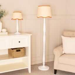 ValueLights Victoria White Wood Candlestick Table Lamp with Linen Scallop Trim Tapered Shade in Burnt Orange - thumbnail 5