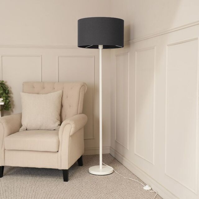 ValueLights Charlie White Metal Single Stem Floor Lamp with Fabric Drum Lamp Shade in Charcoal - image 1