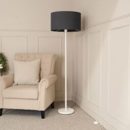ValueLights Charlie White Metal Single Stem Floor Lamp with Fabric Drum Lamp Shade in Charcoal