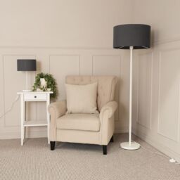 ValueLights Charlie White Metal Single Stem Floor Lamp with Fabric Drum Lamp Shade in Charcoal - thumbnail 5