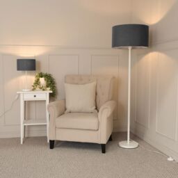 ValueLights Charlie White Metal Single Stem Floor Lamp with Fabric Drum Lamp Shade in Charcoal - thumbnail 4