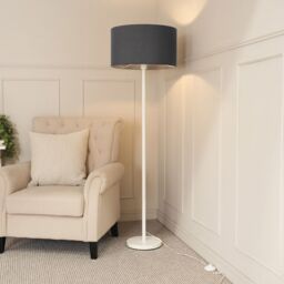 ValueLights Charlie White Metal Single Stem Floor Lamp with Fabric Drum Lamp Shade in Charcoal - thumbnail 3