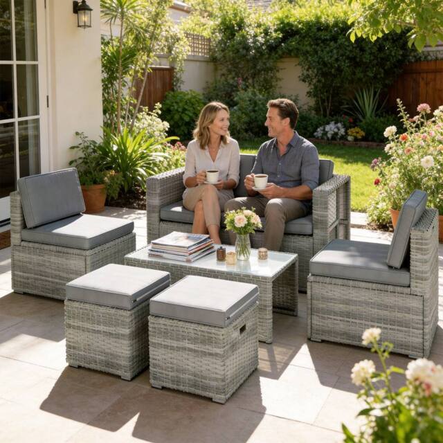 OUTSUNNY 6 Piece Rattan Garden Furniture Set, Nesting Patio Conversation Set in Dark Grey - image 1