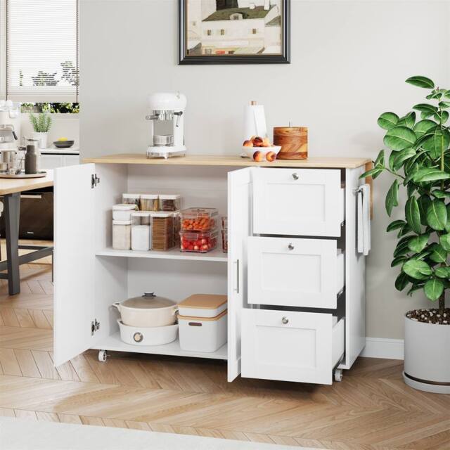 Merax 135cm Rolling Kitchen Island Trolley with Foldable Worktop & 3 Drawers in White - image 1