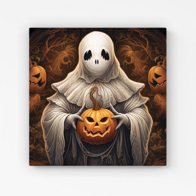 Warren Reed - Designer Spooky White Ghost Holding Pumpkin Canvas - Size: w10 inch x h10 inch - image 1
