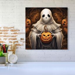 Warren Reed - Designer Spooky White Ghost Holding Pumpkin Canvas - Size: w10 inch x h10 inch - thumbnail 2