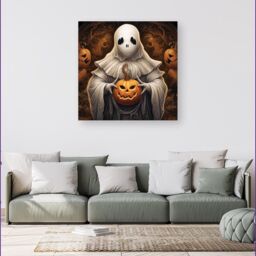 Warren Reed - Designer Spooky White Ghost Holding Pumpkin Canvas - Size: w10 inch x h10 inch - thumbnail 4
