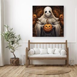 Warren Reed - Designer Spooky White Ghost Holding Pumpkin Canvas - Size: w10 inch x h10 inch - thumbnail 3