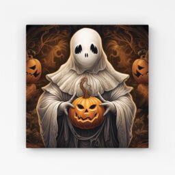 Warren Reed - Designer Spooky White Ghost Holding Pumpkin Canvas - Size: w10 inch x h10 inch - thumbnail 1