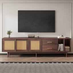 Matteo Dark Wood TV Cabinet with Rattan Sliding Doors & 2 Drawers in Dark Brown - thumbnail 2