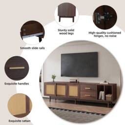 Matteo Dark Wood TV Cabinet with Rattan Sliding Doors & 2 Drawers in Dark Brown - thumbnail 7