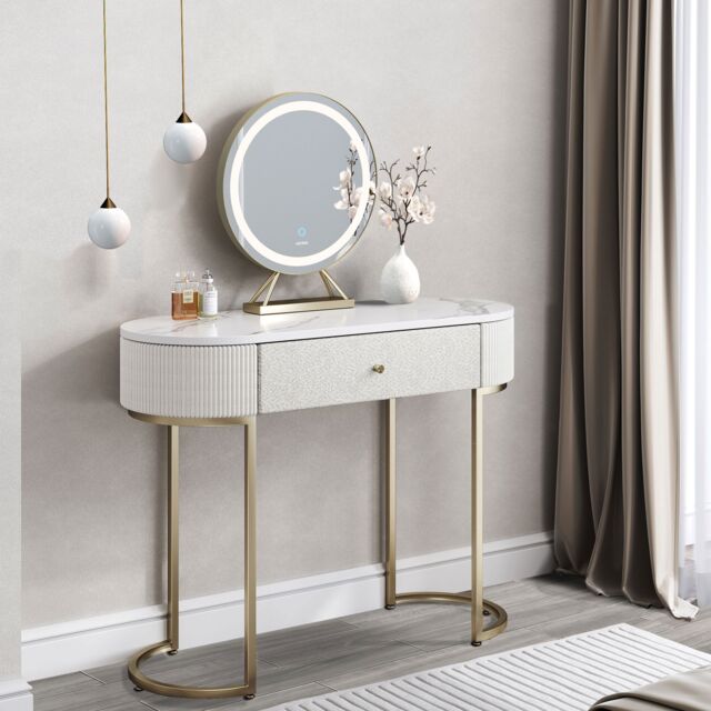 CARME HOME Romy Two - Tone Fabric Bouclé & Corduroy Dressing Table with Evie LED Mirror in Ivory - image 1