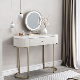 CARME HOME Romy Two - Tone Fabric Bouclé & Corduroy Dressing Table with Evie LED Mirror in Ivory - thumbnail 1