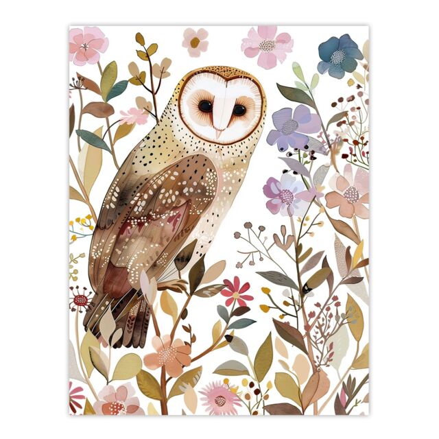 "Artery8 Barn Owl Bird with Wildflowers Floral Watercolour Wall Art Print - Size: W24"" x H32""" - image 1