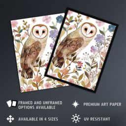 "Artery8 Barn Owl Bird with Wildflowers Floral Watercolour Wall Art Print - Size: W24"" x H32""" - thumbnail 2