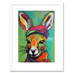 "Artery8 Wall Art Print Rabbit in Winter Clothes Colourful Graffiti Style Artwork Framed 9X7 Inch in White - Size: W7"" x H9""" - thumbnail 1