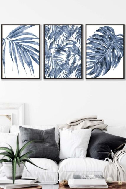 ARTZE Set of 3 Black Framed Tropical Plants & Pattern Navy Blue Abstract Wall Art - Size: W33 cm x H45 cm x D20mm - image 1