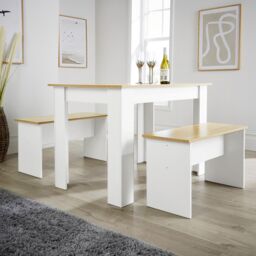 Home Source Dining Set Table Benches Wooden Unit Home Kitchen Seats 4 Two Tone in White - thumbnail 2