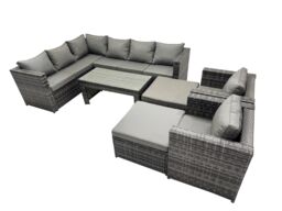 Fimous 7 Pieces Garden Furniture Corner Sofa Set & Chair 2 Big Footstools in Dark Grey - thumbnail 1