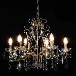 Berkfield Home Elegant Chandelier with Crystal Beads Golden Round 6 x E14 in Gold - thumbnail 4