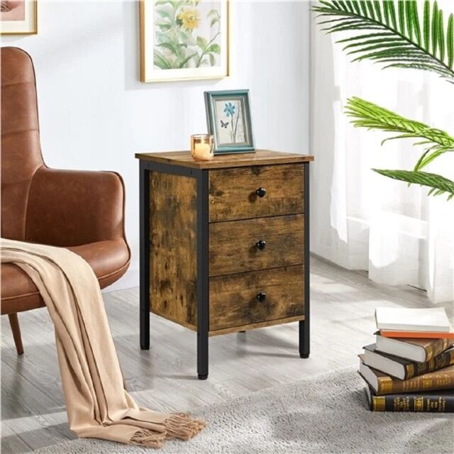 EONLION 3-Drawer Nightstand, Metal Frame Rustic Dresser Tower in Brown - image 1