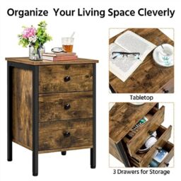 EONLION 3-Drawer Nightstand, Metal Frame Rustic Dresser Tower in Brown - thumbnail 3
