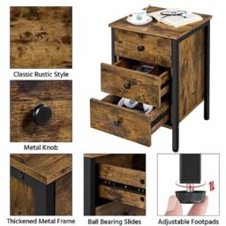 EONLION 3-Drawer Nightstand, Metal Frame Rustic Dresser Tower in Brown - thumbnail 4