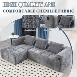 FENCHILIN Modular Sectional L‑Shaped Sofa Couch Chenille with Side Pockets in Grey - thumbnail 2