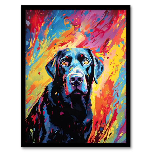 Artery8 Wall Art Print Black Labrador Retriever Dog Lover Gift Pet Portrait Vibrant Colourful Artwork Painting Art Framed - Size: A4 - image 1