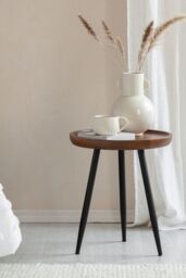 MH London 'Chervey' Round Side Table Solid Wood Bedside Table for Living Room & Bedroom - Small in Walnut - thumbnail 1